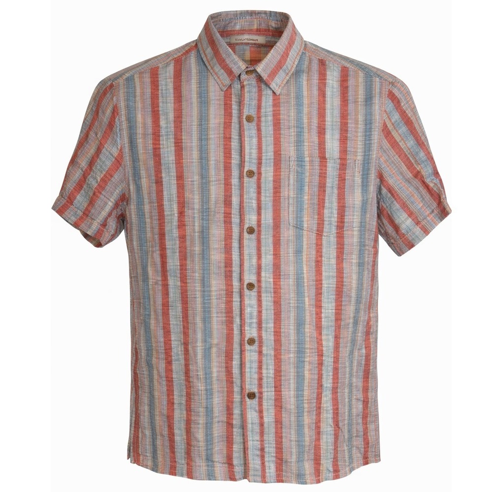 Tommy Bahama Button Up Shirt Silk Blend Plaid Short Sleeve Orange‎ Mens Size M